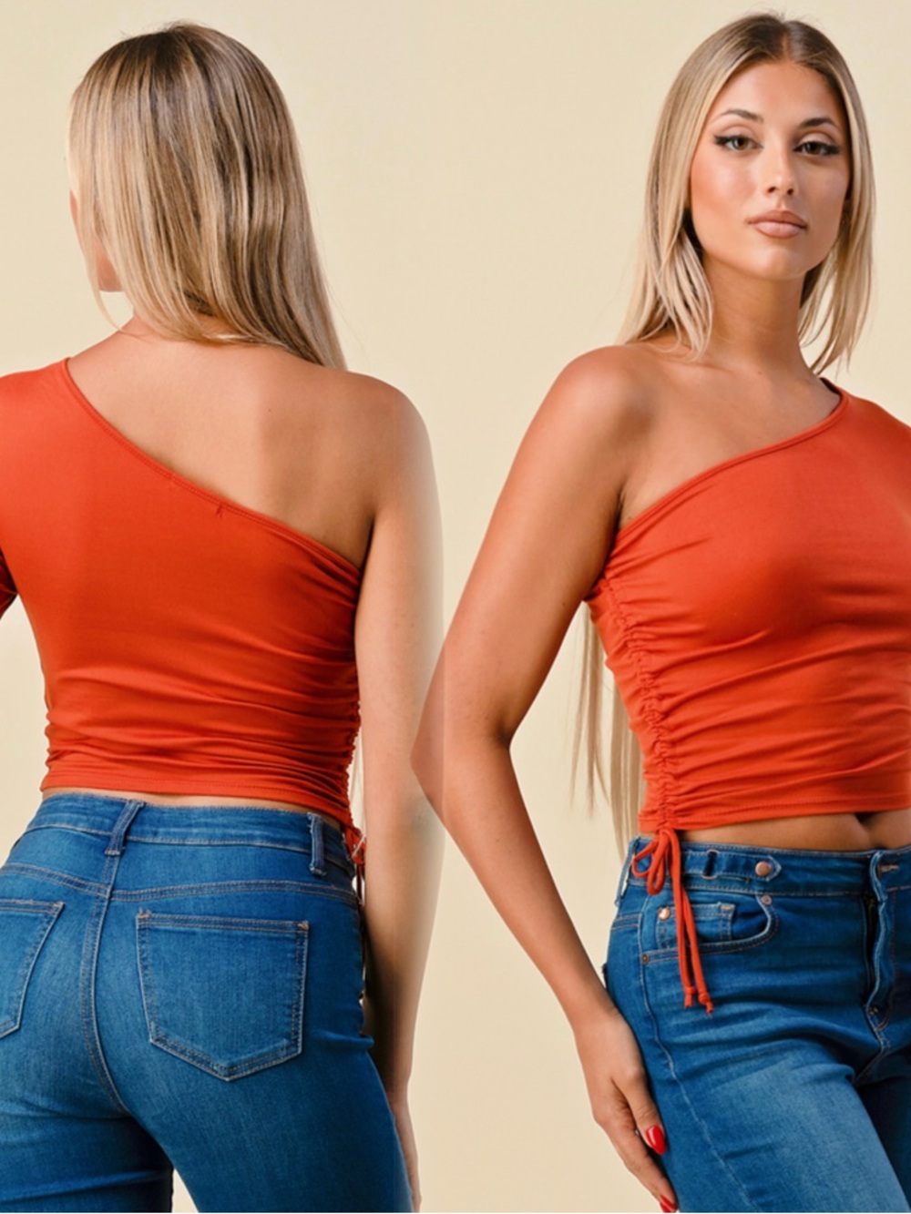 HEART & HIPS One-Shoulder Long-Sleeve Crop Top - Rust Orange - Picture 5 of 10